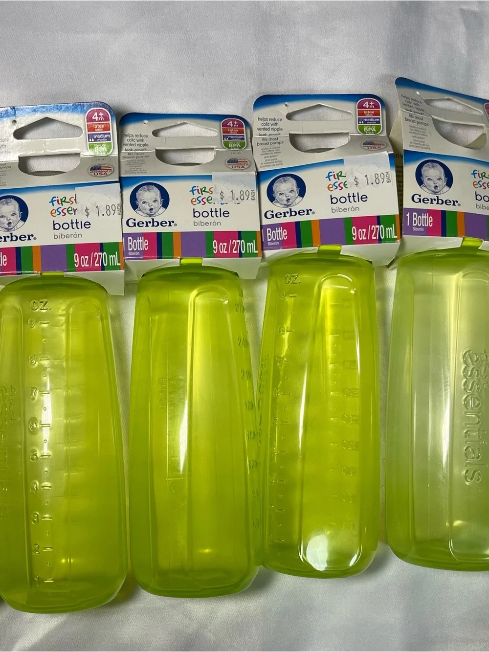 6 Gerber First Essentials Baby Bottles 9oz Green Medium Flow Latex Nipple New